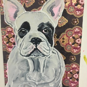 Frenchie on Brown Chair Acrylic Painting/Collage Portrait image 1