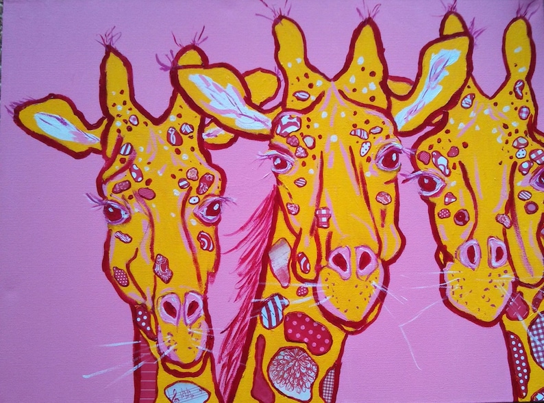 Three Happy Giraffes Original Painting Collage image 1