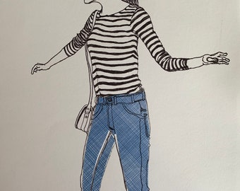 Girl in Black White Stripe Shirt Original Ink and Paper Drawing/Collage on Paper