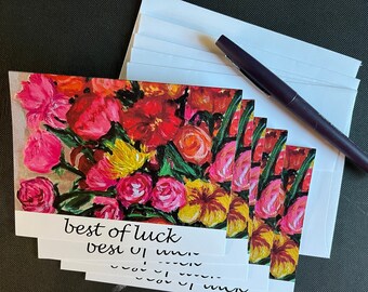 Best of Luck Warm Flowers Set of 5 Note Cards from Original Painting "High Point"