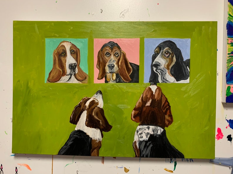 May include: Acrylic painting of Basset Hounds. Three portraits of the dogs are set against a green background, each in a different colored square. Two additional dogs are painted below the portraits, looking up. The painting is on a white canvas.