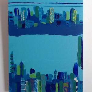 Blues and Jade Cityscape Acrylic Painting Colllage