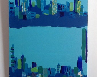 Blues and Jade Cityscape Acrylic Painting Colllage