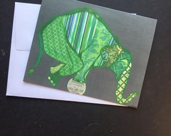 Balancing Green Elephant Single Notecard from Original Painting Collage