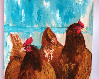 Handsome Red Roosters on Azure Blue Original Oil Painting