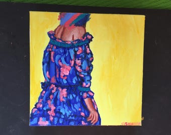 Girl in Blue and Pink Dress Original Oil Painting