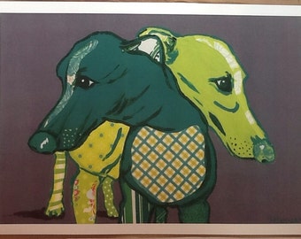 May include: A painting of two dogs, one green and one yellow, with patterned fabric designs on their bodies. The dogs are facing different directions, and the background is a solid purple.