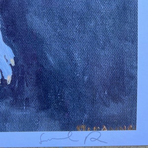 May include: A blue and white painting with a textured surface. The painting is signed in the bottom right corner with the name "Sue R".