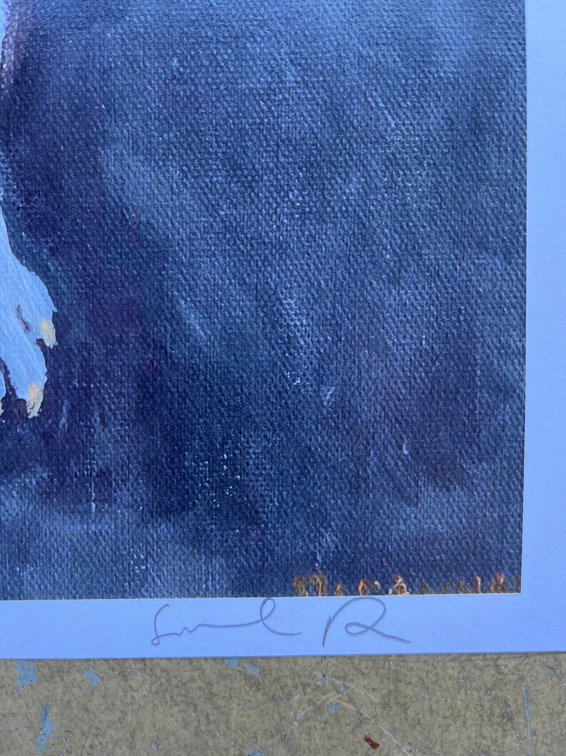 May include: A blue and white painting with a textured surface. The painting is signed in the bottom right corner with the name "Sue R".