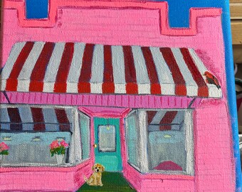 Original Acrylic Painting Cute Pink Shop With Red and White Awning