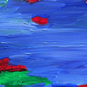 May include: Abstract painting with a blue background and red and green shapes. The shapes are painted in a thick, textured style.