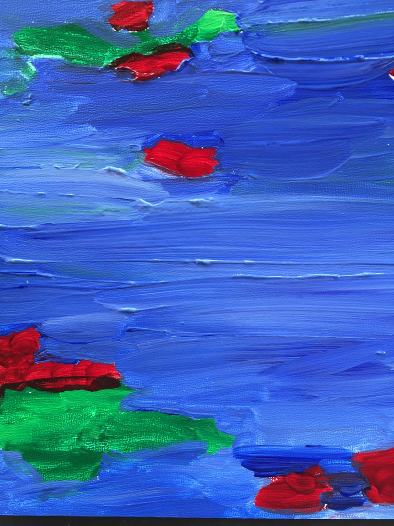 May include: Abstract painting with a blue background and red and green shapes. The shapes are painted in a thick, textured style.