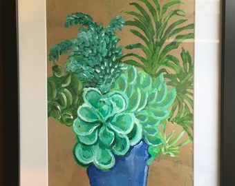 Succulents, Blue Vase Original Acrylic Painting 100 Flowers in 100 Days 36