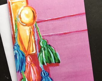 Pink Door with Colored Tassels Single Notecard from Original Painting