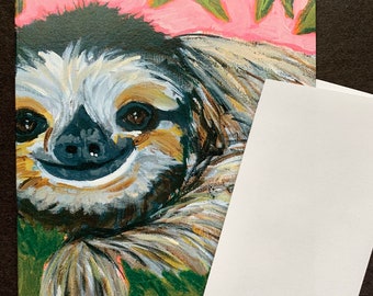 Silly Sloth Blank Note Card From Original Painting