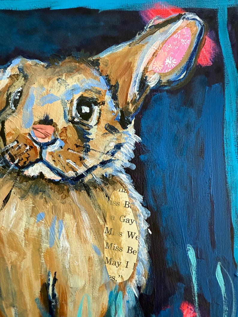 May include: An acrylic painting of a rabbit's head, featuring brown, blue, and pink hues. The rabbit's ear has a patterned interior. A piece of paper with text is collaged onto the rabbit's fur. The background is dark blue with red and turquoise accents.