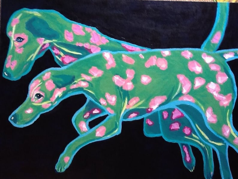 Two Pink and Green Dalmatians Original Painting Collage image 1