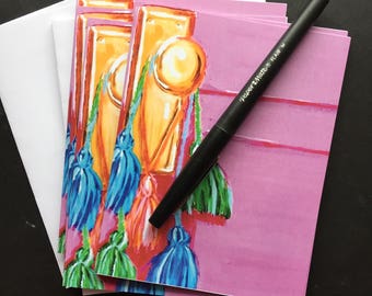 Pink Door with Colored Tassels Notecard Set from Original Painting