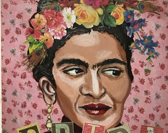 Frida 2 Acrylic Painting/Collage Portrait on Pink with Hand Cut Flowers