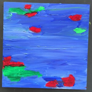 May include: Abstract painting on a blue canvas with red and green shapes. The red shapes are scattered across the canvas, while the green shapes are clustered together in the upper left and lower right corners.