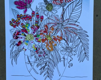 Bright Flower Bouquet Digital Print from Original Pen and Ink Drawing Collage