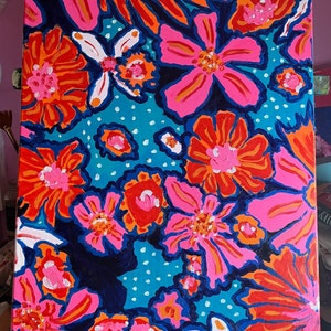 May include: A colorful abstract painting featuring a floral pattern with pink, orange, and white flowers on a blue background.