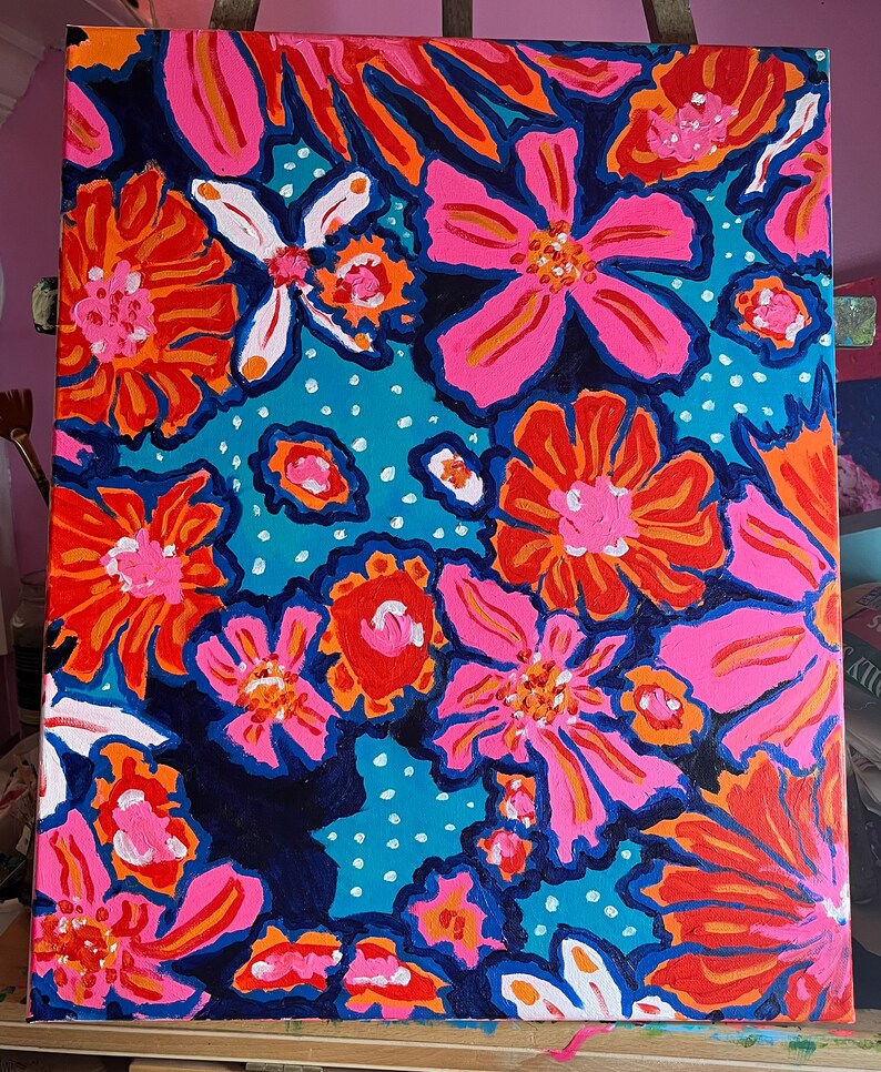 May include: A colorful abstract painting featuring a floral pattern with pink, orange, and white flowers on a blue background.