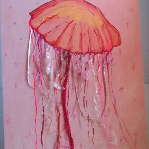 May include: A pink and orange jellyfish with long, flowing tentacles painted on a pink background.