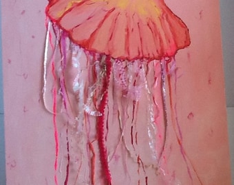 May include: A pink and orange jellyfish with long, flowing tentacles painted on a pink background.