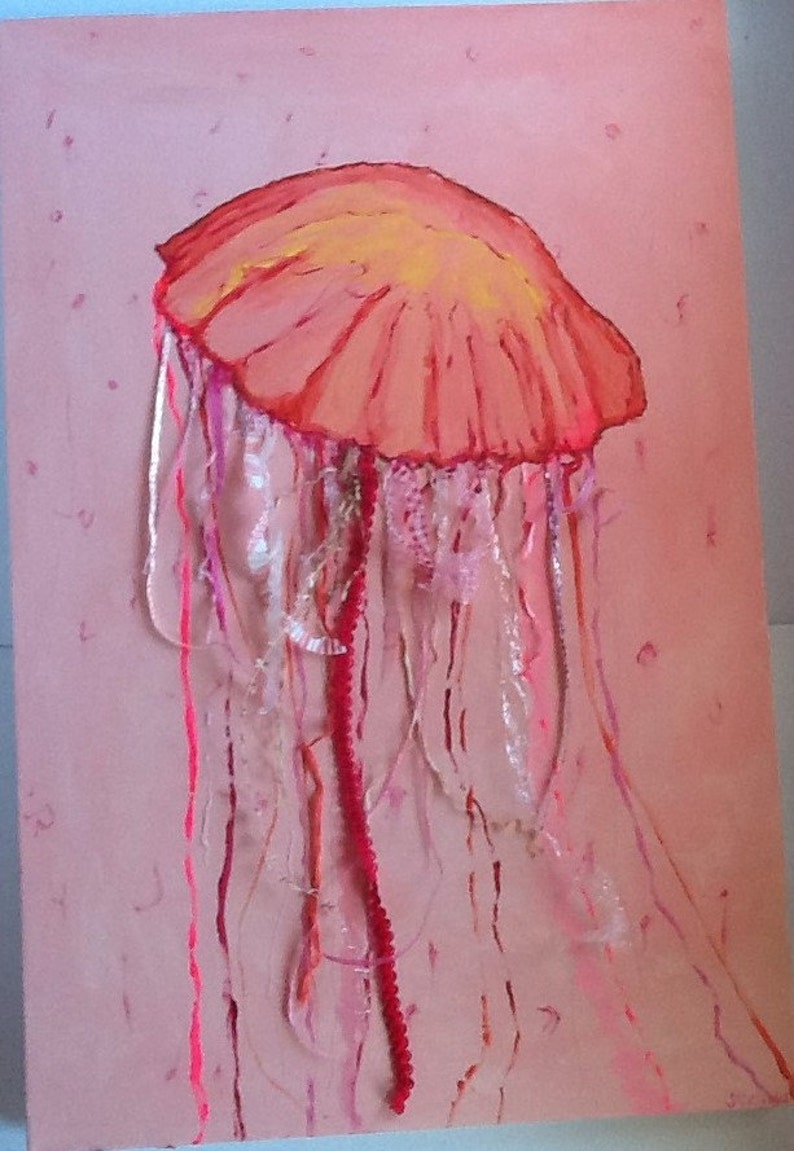 May include: A pink and orange jellyfish with long, flowing tentacles painted on a pink background.