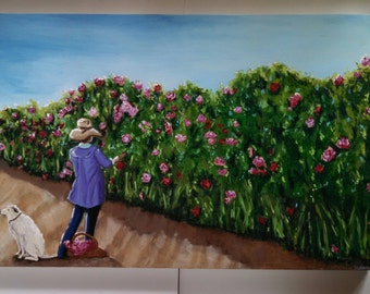 Cutting Garden Original Oil Painting with Wall of Roses and Gardener and Dog