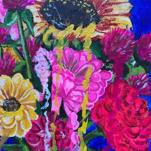 May include: A painting of a bouquet of flowers in a glass jar. The flowers are a mix of pink, yellow, and red. The background is a deep blue.