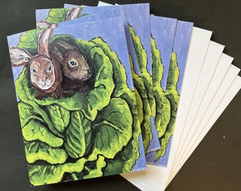 Rabbits in Lettuce Set of Note Cards from Original Acrylic Painting