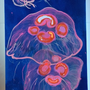 May include: Three jellyfish painted on a blue canvas. The jellyfish are translucent and have pink and red accents. The top jellyfish is the largest and has a bell-shaped body. The middle jellyfish is smaller and has a more rounded body. The bottom jellyfish is the smallest and has a more elongated body.