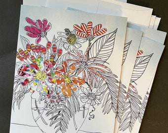 Bright Flower Bouquet Note Card Set from Original Pen and Ink Drawing Collage