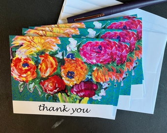 Thank You Bright Flowers Set of 5  Note Cards from Original Painting "From India"