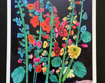 Colorful Hollyhocks on Navy Limited Edition Print from Original Painting