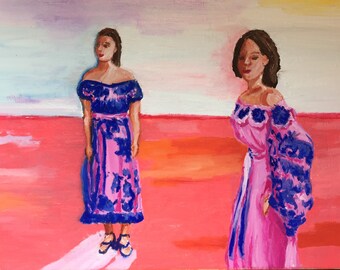 Fashionable Women in Ultramarine Blue and Pink Dresses Original Oil Painting