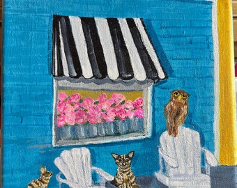 Original Acrylic Painting Cute Shop With Black and White Awning