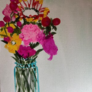 May include: A painting of a bouquet of pink, red, and yellow flowers in a blue glass jar. The flowers are painted in a loose, expressive style.