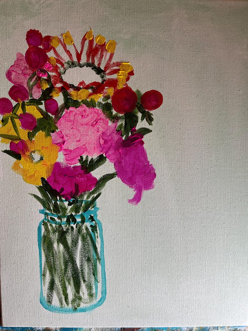 May include: A painting of a bouquet of pink, red, and yellow flowers in a blue glass jar. The flowers are painted in a loose, expressive style.