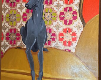 Sleek Greyhound Dog on Gold Chair Painting Paper Collage