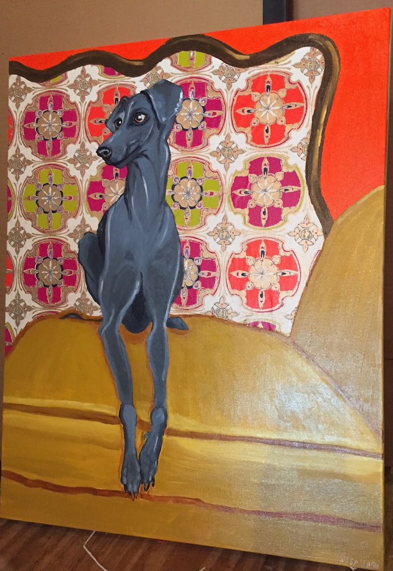 Sleek Greyhound Dog on Gold Chair Painting Paper Collage image 1