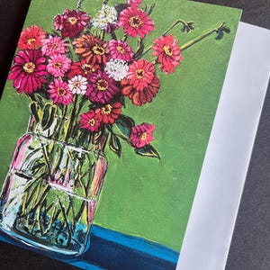 Tarjeta individual con zinnias en verde de la pintura original