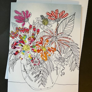 Bright Flower Bouquet Single Note Card from Original Pen and Ink Drawing Collage image 1