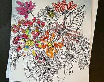 Bright Flower Bouquet Single Note Card from Original Pen and Ink Drawing Collage