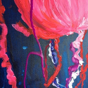 May include: Abstract painting with pink, red, white, and blue paint strokes on a dark blue background. The paint strokes are thick and textured, creating a dynamic and energetic composition.