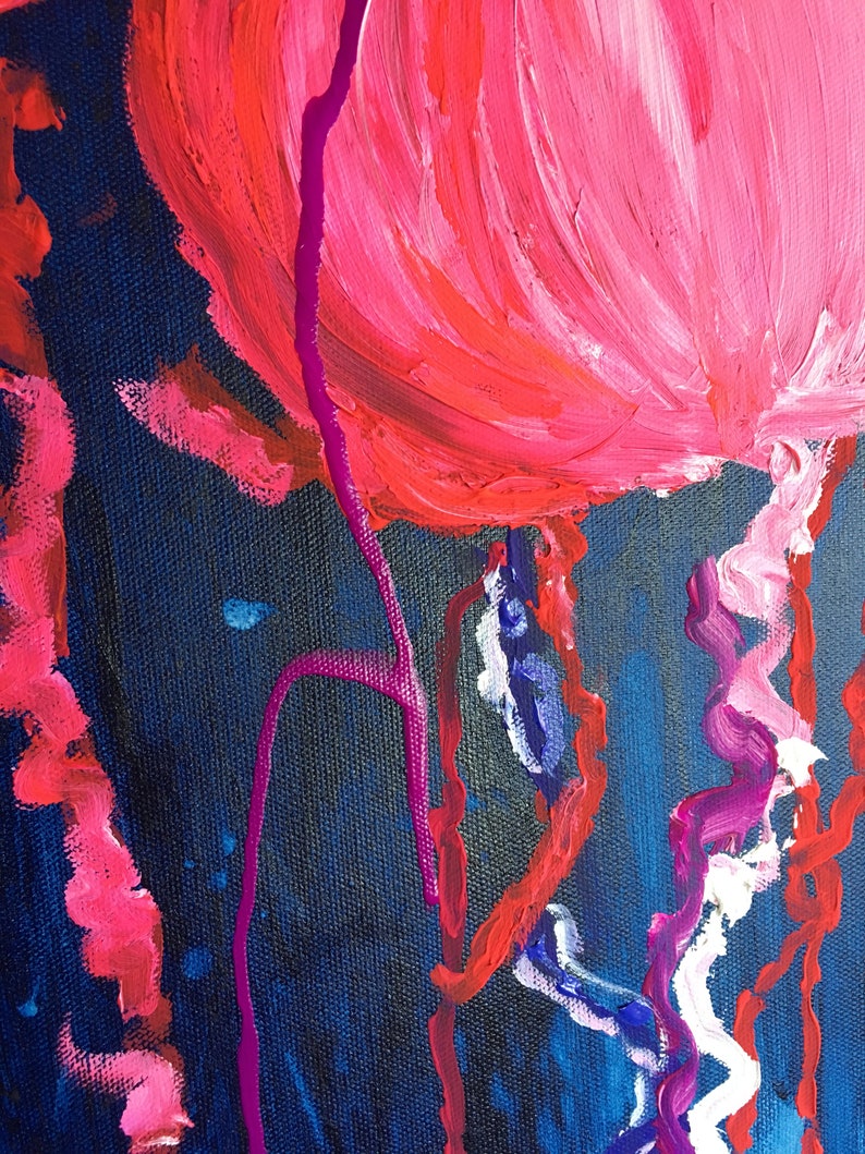May include: Abstract painting with pink, red, white, and blue paint strokes on a dark blue background. The paint strokes are thick and textured, creating a dynamic and energetic composition.