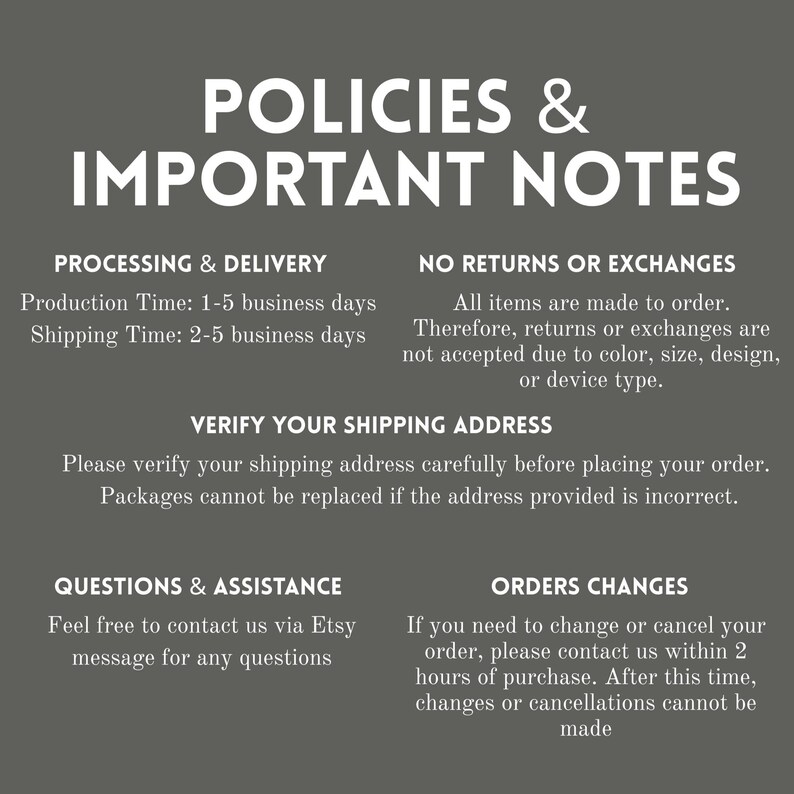 Puede incluir: Gr&aacute;fico gris con texto blanco que detalla las pol&iacute;ticas y notas importantes. Incluye informaci&oacute;n sobre procesamiento, entrega, devoluciones, verificaci&oacute;n de direcci&oacute;n y cambios en los pedidos.