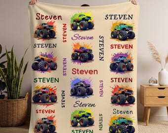 Custom Boys’ Name Throw, Personalized Monster Truck Blanket, Colorful Kids’ Room Bedding Toddler Truck Gift Unique Birthday Present for Boys